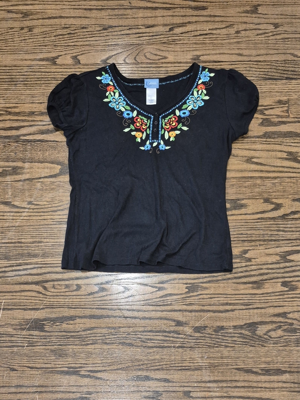 Classic Elements Black Floral Embroidered Puff Sleeve Top Women's M